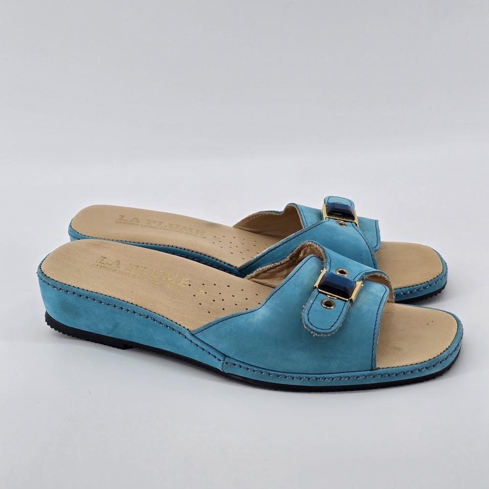 La Plume‎ Sandals Slides Women size 38 US 7 Blue Suede Leather Italy Gem Gold
